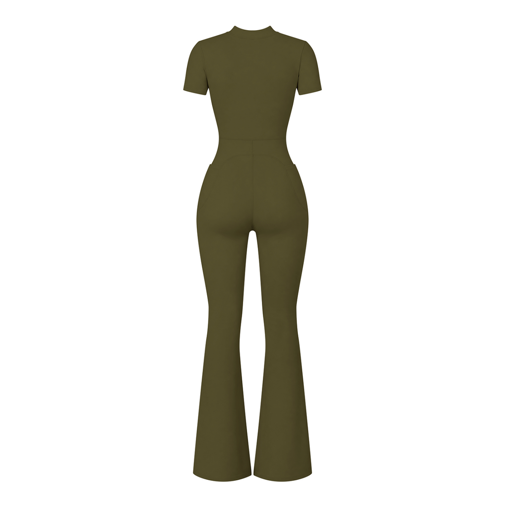 (Multiple colours) Women’s Tight Flared Leg Quarter-Zip Jumpsuit